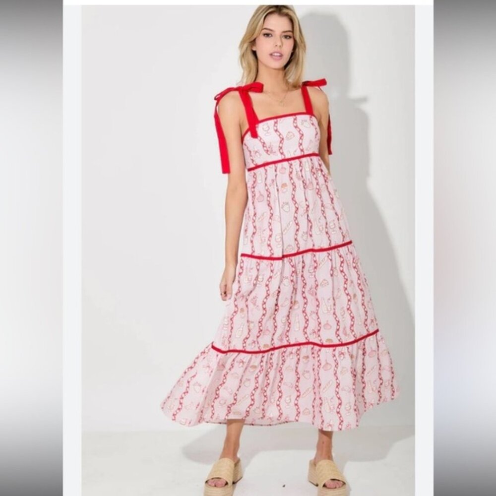 Baevely Boutique Brand Red & Pink Picnic Charcuterie Print Maxi Dress M $75